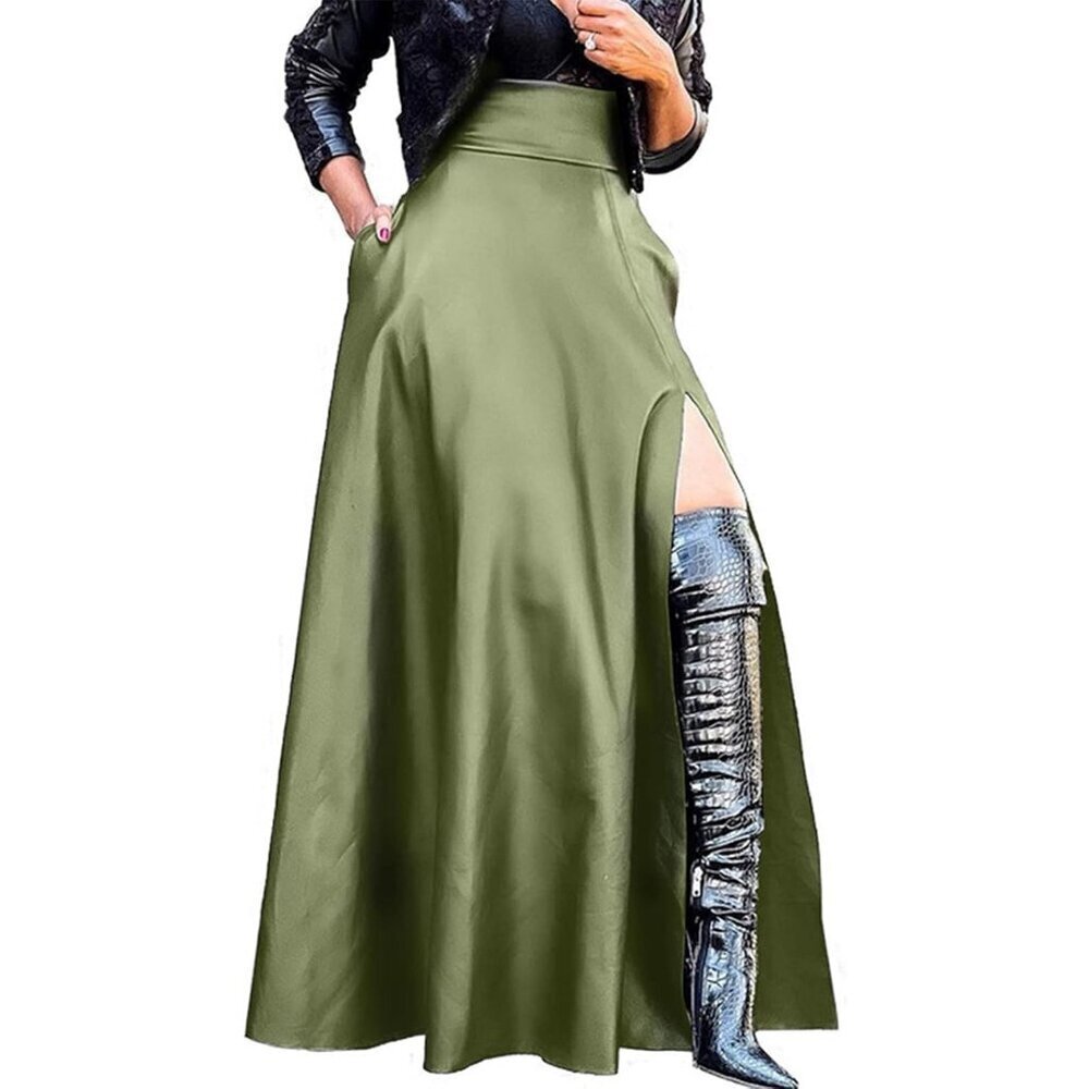 Women Green High Waisted Sexy PU Leather Vintage A-Line Long Skirt Pockets